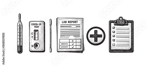 Hand drawn illustration of a medical testing kit including a thermometer, COVID-19 test, swab, lab report, and checklist on a white background.