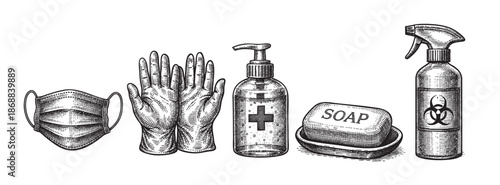 A set of hand-drawn style icons illustrating personal hygiene and protection items, including a surgical mask, gloves, hand sanitizer, bar soap, and a disinfectant spray with a biohazard symbol.