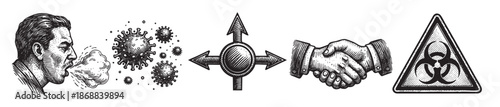 Vintage woodcut style illustration depicting a man coughing, virus particles, directional arrows, a handshake, and a biohazard symbol, symbolizing disease spread and safety measures.