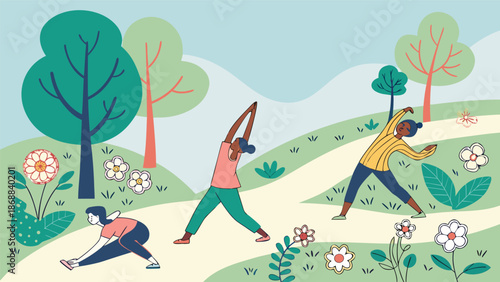 Park Yoga Session: Amidst the tranquility of a sun-drenched park, three figures engage in a serene yoga session, harmonizing movement with nature, promoting well-being.