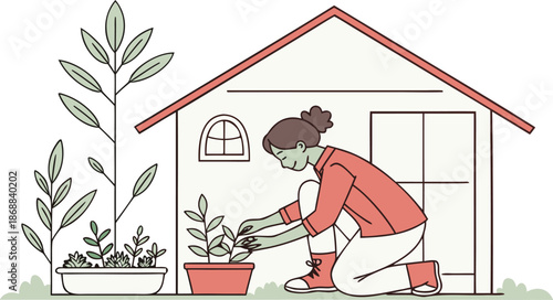 Gardener's Green Oasis: An individual tending a vibrant garden, with the house in the background. Illustrating harmony between people and nature