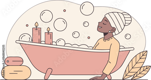Serene Soak: A person embraces tranquility in a calming bathtub, surrounded by soothing elements, embodying self-care and relaxation.