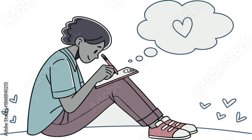 Creative writing: a person is creating artwork of love, with a heart bubble, expressing emotions and dreams through the artistry and pen