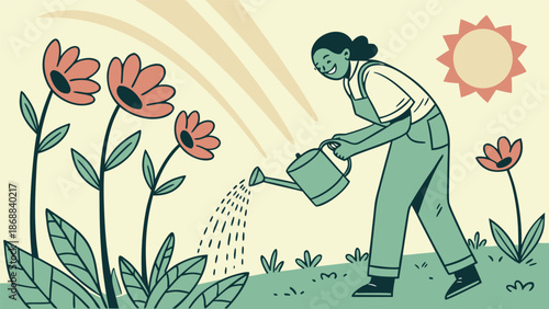 Nurturing Bloom: A cheerful person waters vibrant blossoms in a sun-kissed garden, embodying the essence of nurturing and growth.