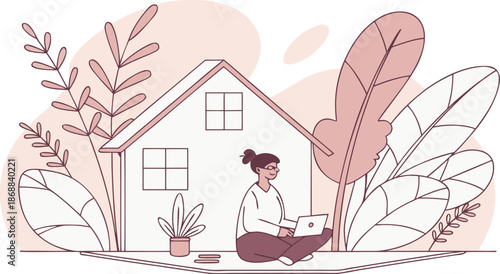 Home Office Harmony: A serene individual sits amidst a vibrant garden, diligently working on a laptop from the comfort of their home, seamlessly blending work and tranquility. 