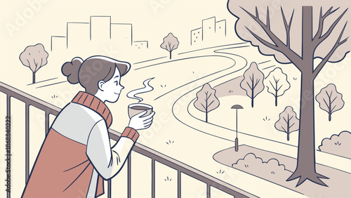 Morning Serenity: A woman, clad in warm attire, savors a cup of coffee while gazing upon a peaceful city landscape. It's a moment of calm.