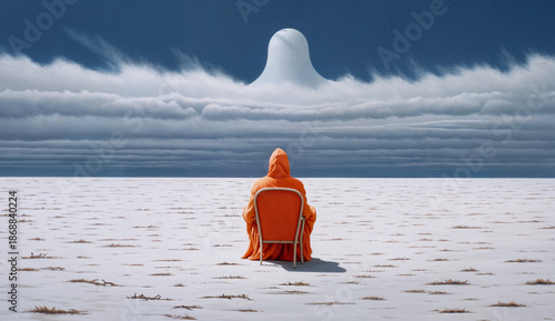 Surreal Person Sitting Alone in Chair on White Landscape