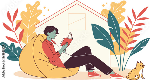 Literary Escape: A figure absorbed in a book, nestled within a cozy, imaginary haven amidst lush foliage. Evoking tranquility and the joy of reading.