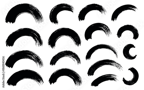 Hand drawn grunge brush stroke set featuring various textured arcs and semicircles for abstract designs
