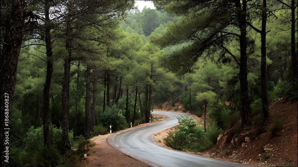 Obraz premium A winding road through lush, dense forest, leading into a serene and verdant landscape