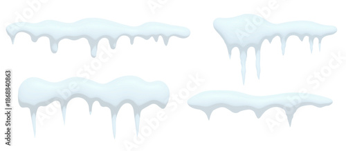 Winter snow elements with realistic 3D caps, icicles, and frost borders. Perfect for holiday frames, banners, and seasonal decoration designs with white snowdrifts.
