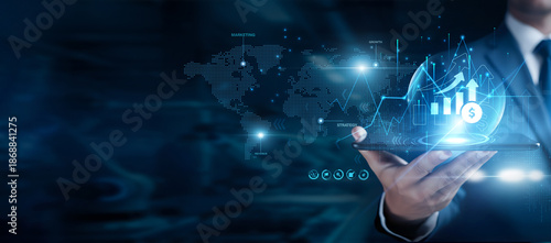 Businessman using the tab and analyzing sales performance data, revenue growth strategy, conversion analytics, customer insights, business development, marketing optimization