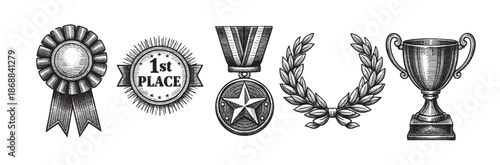 A black and white illustration featuring a collection of vintage award symbols including a rosette, a first place medal, a trophy, and a laurel wreath.