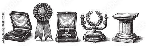 A collection of vintage line art illustrations featuring awards like a medal, ribbon, laurel wreath, and pedestal, perfect for retro design projects.