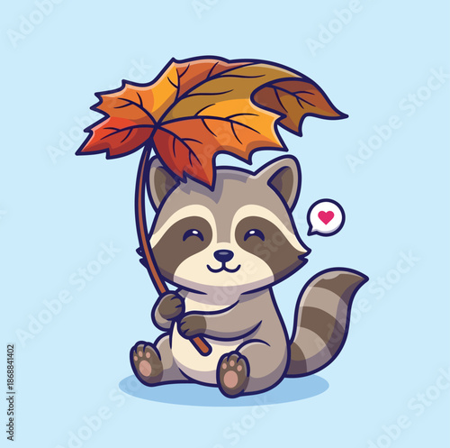 Smiling raccoon character sits holding an autumnal colored maple leaf like a protective umbrella.