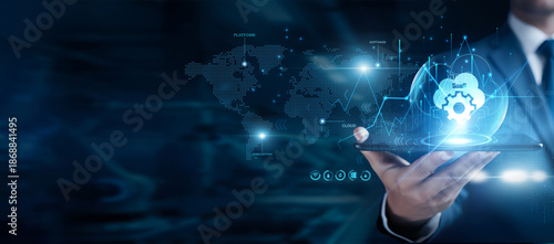 Businessman using the tab and analyzing SaaS data, software as a service, cloud applications, subscription platforms, digital business solutions