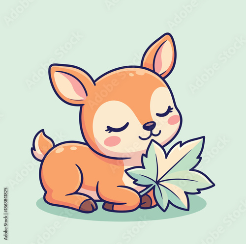 Cute fawn character sweetly rests its head near a large green maple leaf illustration.