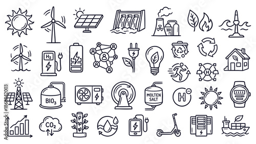 Collection of Icons Representing Renewable Energy and Sustainable Technology Concepts