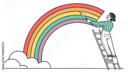 Creating a Vivid Rainbow: An individual stands on a ladder, diligently painting a vibrant rainbow against the backdrop, symbolizing creativity and the vivid spectrum of colors. 