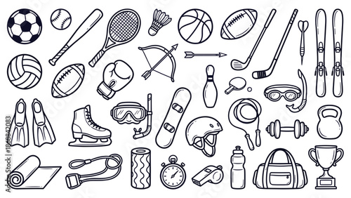 Collection of various sports equipment and accessories arranged neatly for athletic activities and fitness training