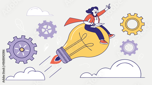 Soaring Innovation: A dynamic illustration captures a businesswomen as she rides a light bulb rocket. The light bulb represents the power of ideas and innovation.