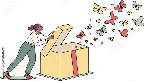Unveiling Imagination: A person opens a box releasing a vibrant swarm of butterflies, symbolizing freedom and boundless creative potential.