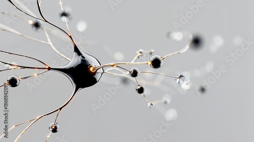 Abstract Black And Gold 3D Neuron Cell With Glowing Synapses