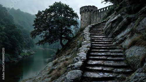 Ancient Stone Staircase Leading To Medieval Tower Above Misty River