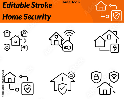 A modern, minimalist home security icon in character style. Features a house with a shield padlock or camera integrated into the design. Symbolize protection, safety surveillance, and secure living.