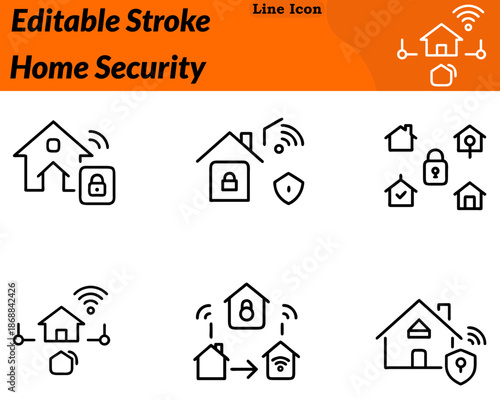 A clean, minimalist home security icon in a character style. Features a house combined with a shield lock or camera element to represent safety, protection, surveillance, and home monitoring.