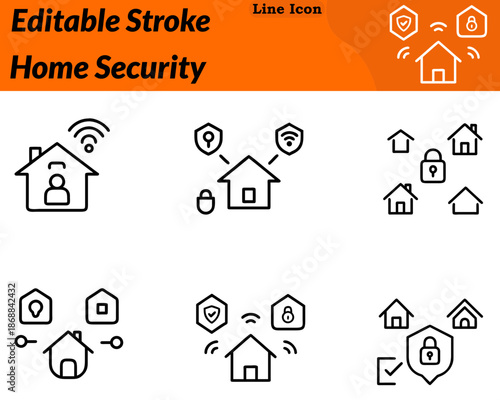 A modern, minimalist home security icon in character style. Features a house with a shield padlock or camera integrated into the design. Symbolize protection, safety surveillance, and secure living.