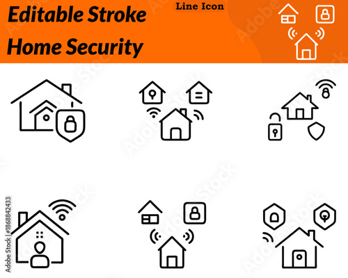 A clean minimalist home security icon in a character style. Shows a house paired with a shield lock security camera to represent safety. Protection surveillance secure homes smooth rounded outlines. 
