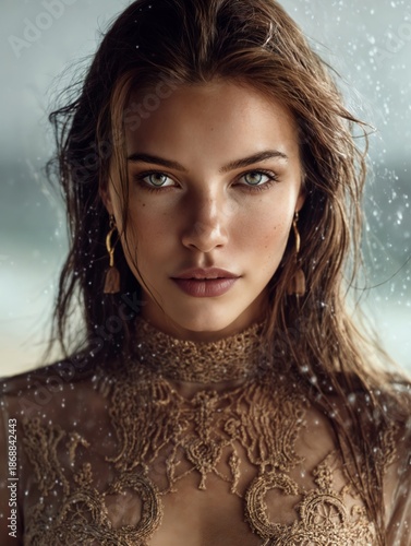 Portrait Of Beautiful Woman With Wet Hair And Gold Lace Top In Rain
