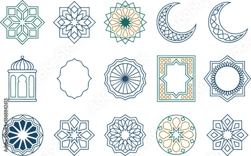 Islamic geometric patterns and arabesque designs with crescent moon vector