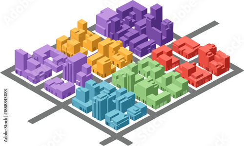 Vibrant isometric city blocks illustrating urban development and architectural planning colorful abstract city grid layout design