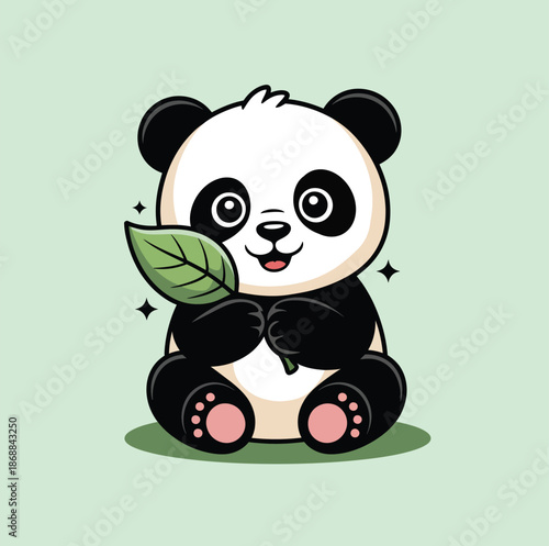 Happy cartoon giant panda clutching a shiny green leaf close to its chest with both paws in front of a soft background.