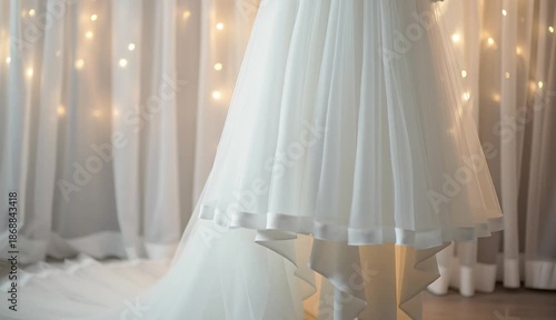 Elegant white wedding dress on black mannequin stand, intricate white lace bodice with V-neckline