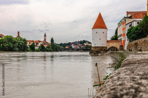 Panoramic view Schaibling Tower and promenade on river Inn, Passau, Lower Bavaria, Germany.