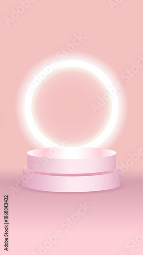 Minimalist pink podium with glowing circle on pastel background