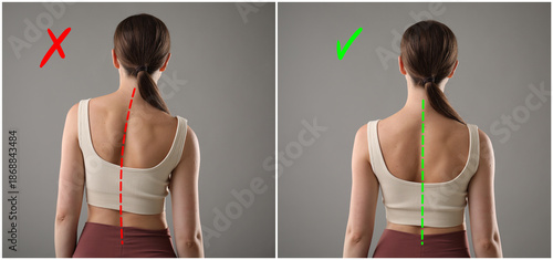 Photos Woman with poor and good posture on grey background, collage of photos