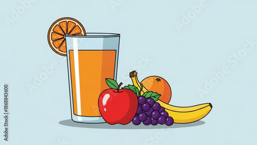 Fresh fruit and juice glass on light blue background