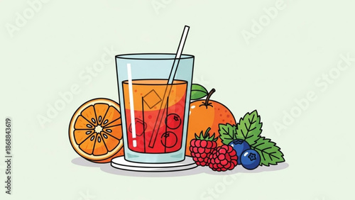 Refreshing summer drink with fruits and straw