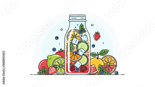 Refreshing infused water with fruits and ice cubes in a bottle