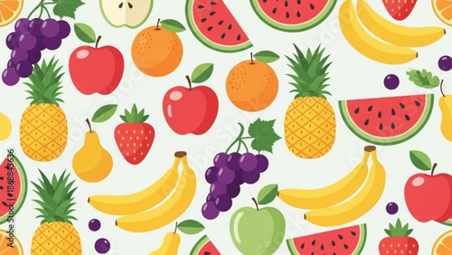 Colorful fruit pattern with bananas, apples, and berries