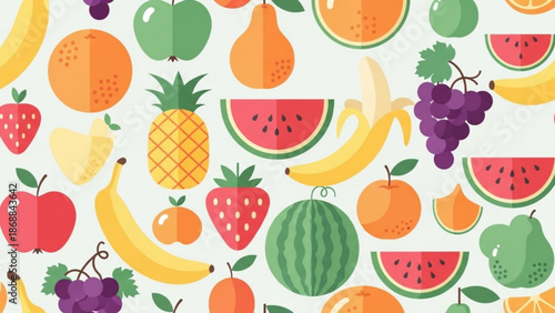 Vibrant fruit pattern with bananas, apples, and juicy watermelons