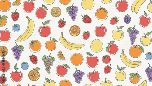 Vibrant fruit pattern with apples, bananas, oranges, grapes, and berries on white background
