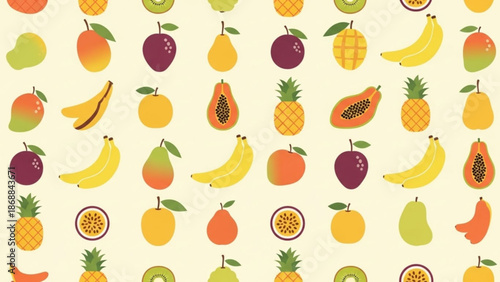 Vibrant fruit pattern with colorful illustrations of tropical fruits