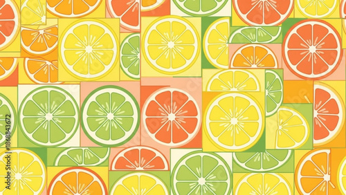 Vibrant citrus fruit slices in colorful geometric pattern