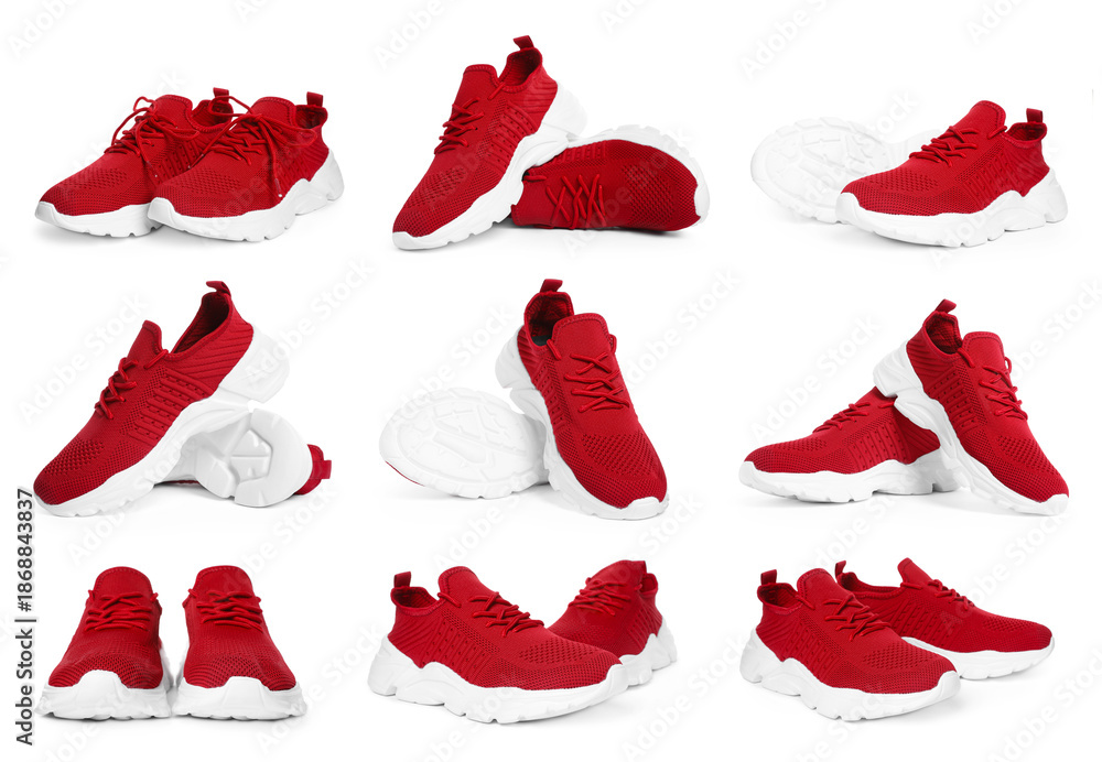 Fototapeta premium New sneakers isolated on white, set. Sports shoes