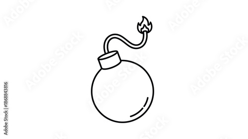 Simple black and white line drawing of a classic round bomb with a lit fuse